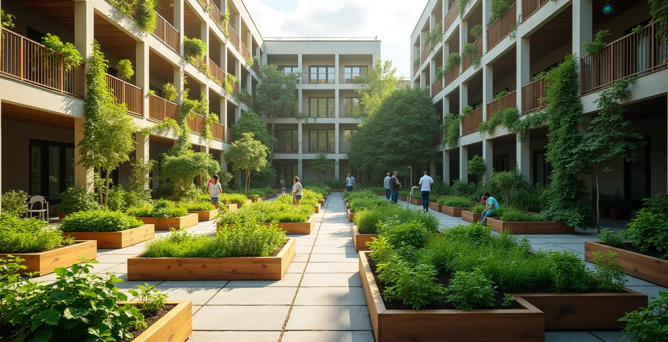 Nachbarn unterschiedlichen Alters tauschen Gartenwerkzeuge und Ernte in einem begrünten Innenhof