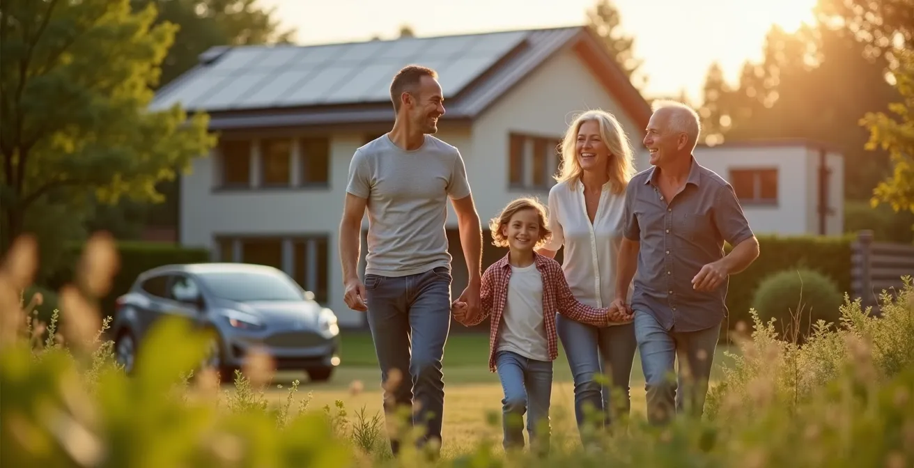 Familie vor modernem Passivhaus mit Solardach und E-Auto in grüner Umgebung