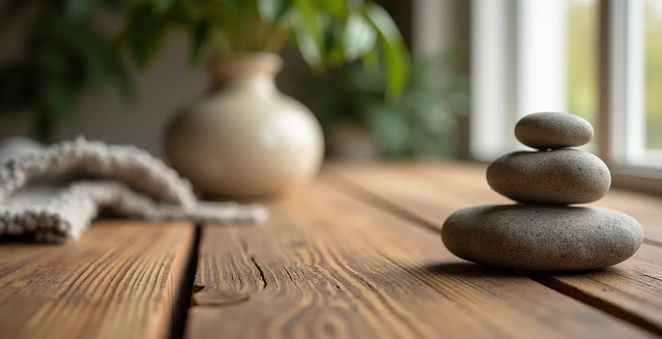 Nahaufnahme von heimischen Holzoberflächen und natürlichen Textilien