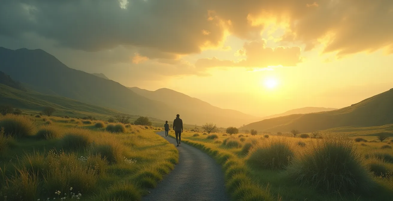 Emotionale Reise durch die Kulturschock-Phasen visualisiert als ein gewundener Pfad durch verschiedene Landschaften.