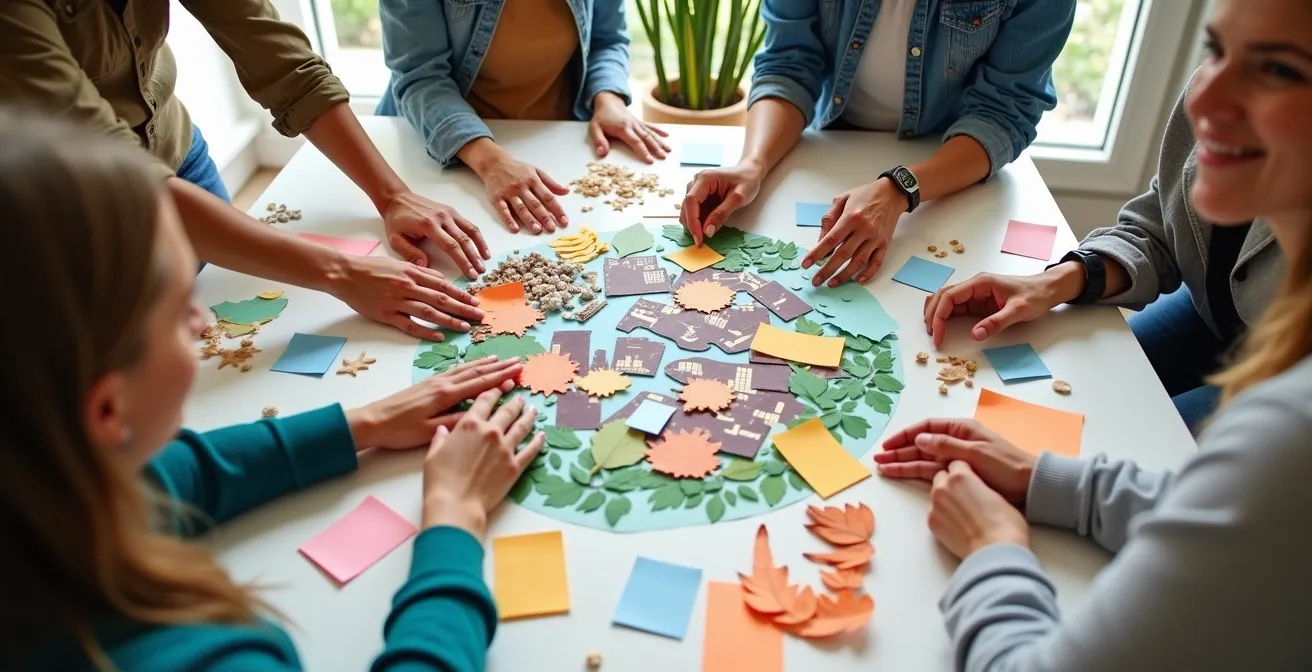 Diverse Gruppe bei interaktivem Workshop mit bunten Visualisierungen zu nachhaltigen Stadtkonzepten