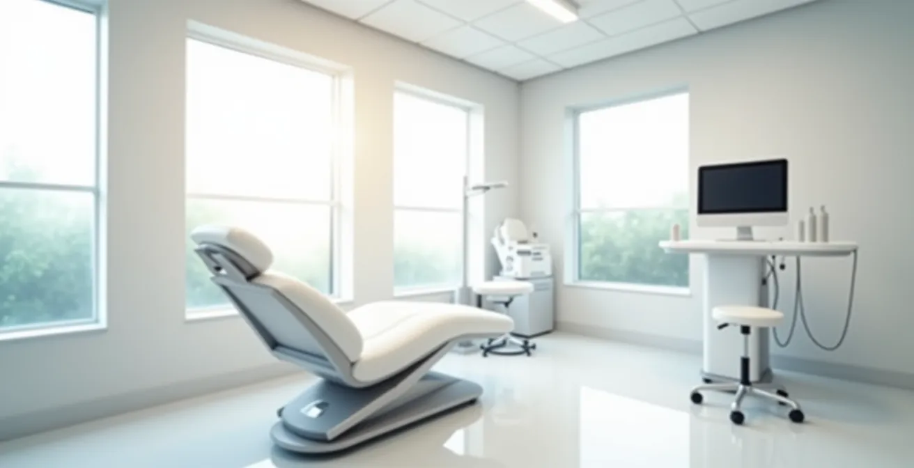 Moderne Behandlungsumgebung einer dermatologischen Praxis mit sanfter Beleuchtung, die Professionalität und Ruhe ausstrahlt.