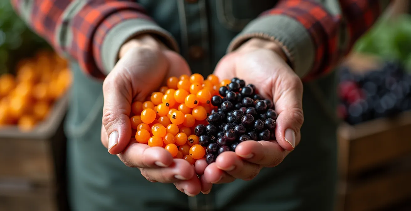 Hände halten frische, saisonale Nährstoffquellen aus deutschen Supermärkten, darunter Sanddorn und schwarze Johannisbeeren.
