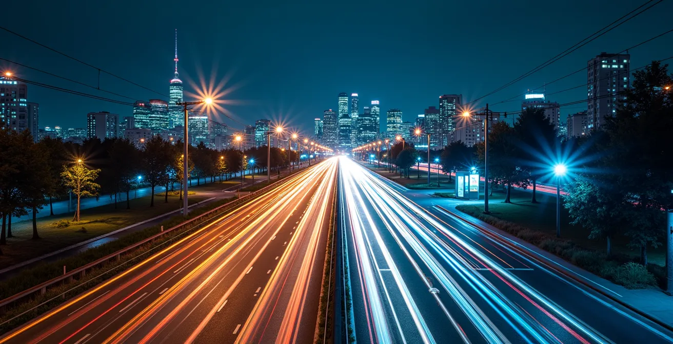 Abstrakte Visualisierung eines intelligenten Stromnetzes mit Lichtströmen über einer nächtlichen deutschen Stadt