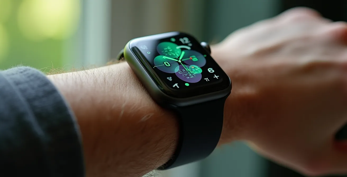 Makroaufnahme einer Smartwatch mit Herzfrequenzmessung und Gesundheitsdaten