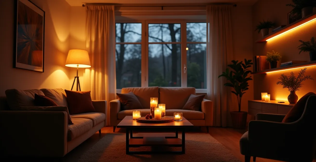 Gemütlich beleuchteter Wohnbereich mit verschiedenen Lichtquellen und warmer Atmosphäre