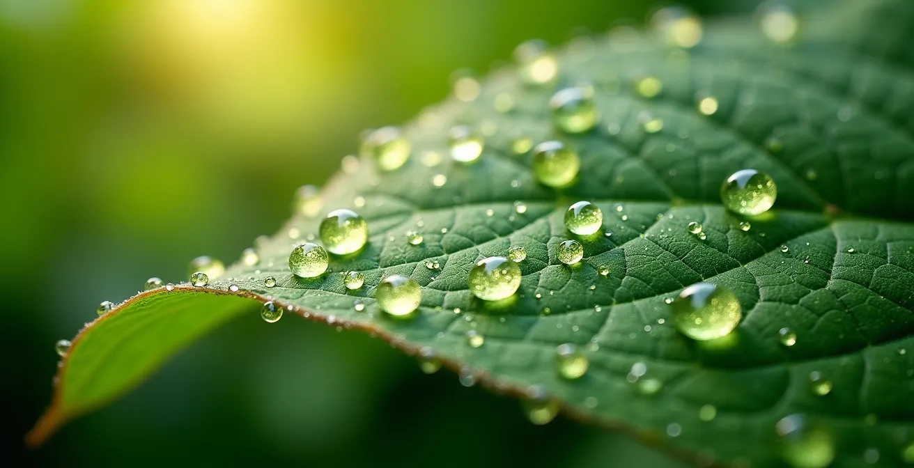 Makroaufnahme von Wassertropfen auf einem Blatt mit sichtbaren Äderstrukturen im Morgenlicht