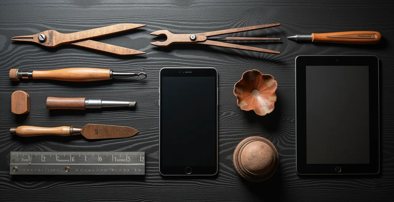 Strategische Planungsvisualisierung mit Mindmap-Struktur, die traditionelle Werkzeuge und moderne Technologie verbindet