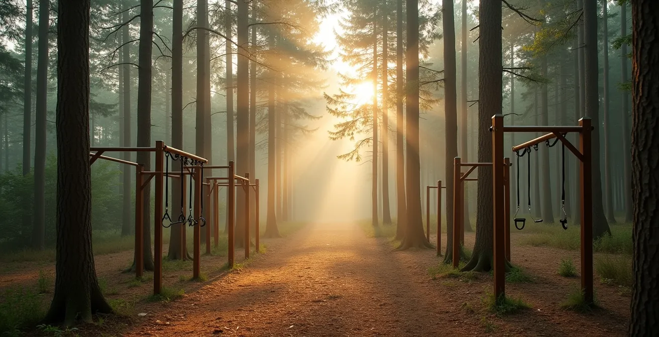 Ein leerer Trimm-dich-Pfad in einem deutschen Wald bei goldenem Morgenlicht, der Ruhe und Naturverbundenheit ausstrahlt.