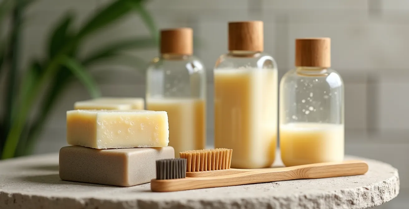Nachhaltige Badezimmerprodukte ohne Verpackung in minimalistischer Anordnung