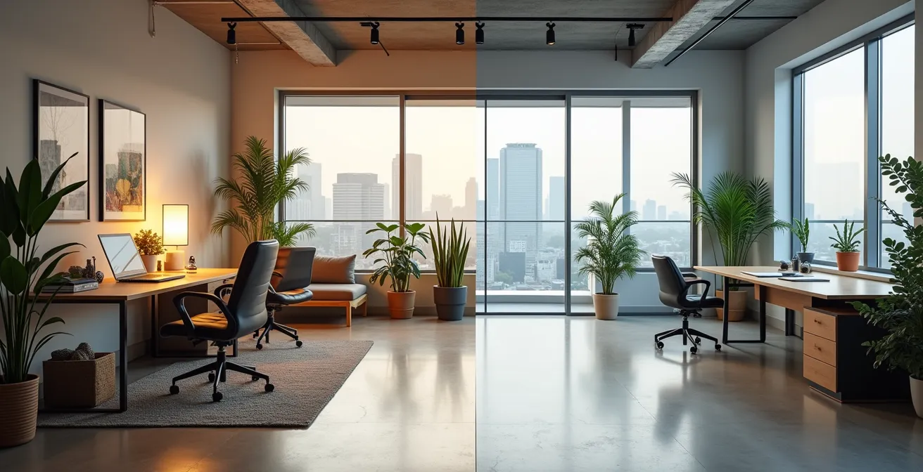 Visueller Kontrast zwischen einem gemütlichen Home-Office für ein Lifestyle-Business und einem modernen Großraumbüro für ein skalierbares Startup