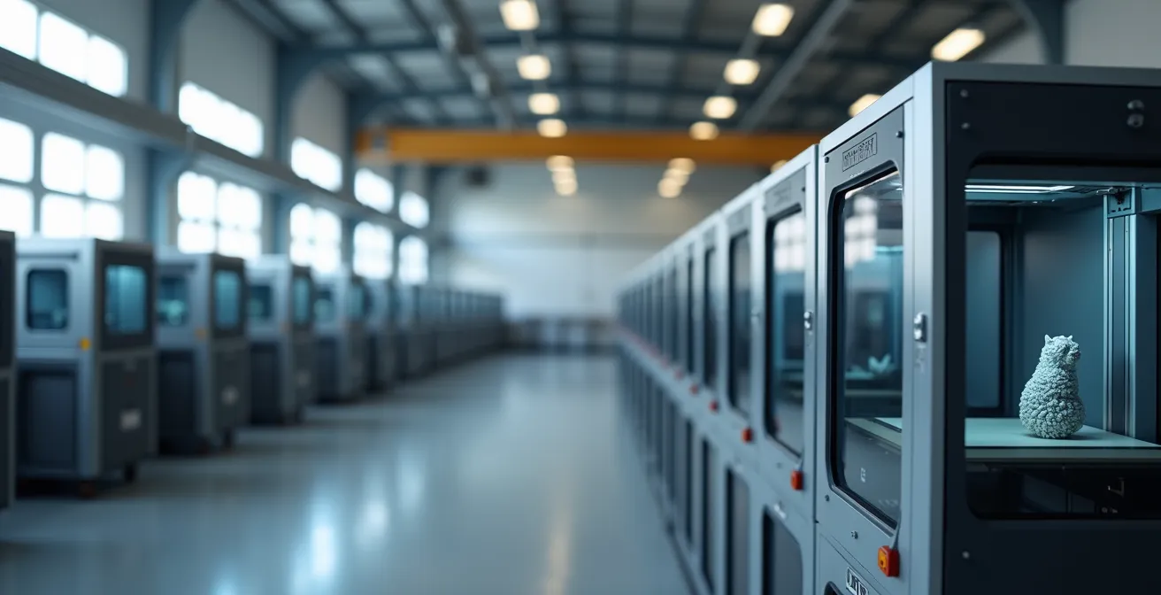 Moderne 3D-Druck Fertigungsanlage in Aktion mit mehreren Druckköpfen