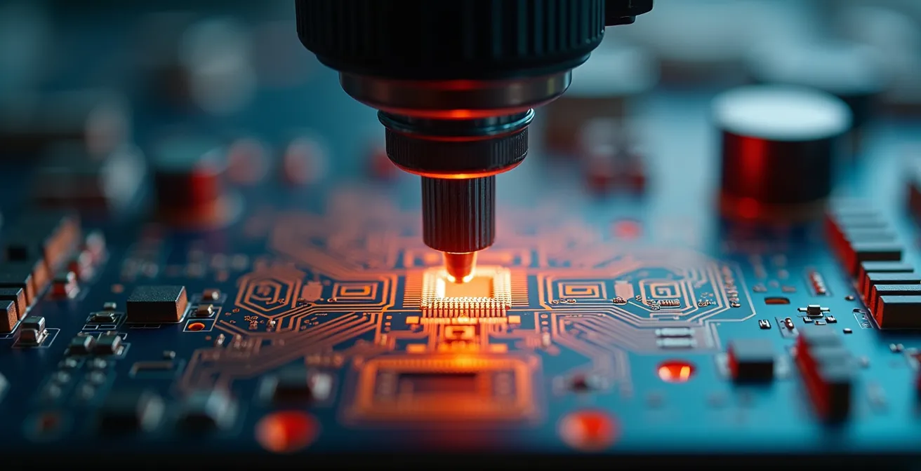 Makroaufnahme einer PCB-Qualitätskontrolle mit Präzisionsmessung