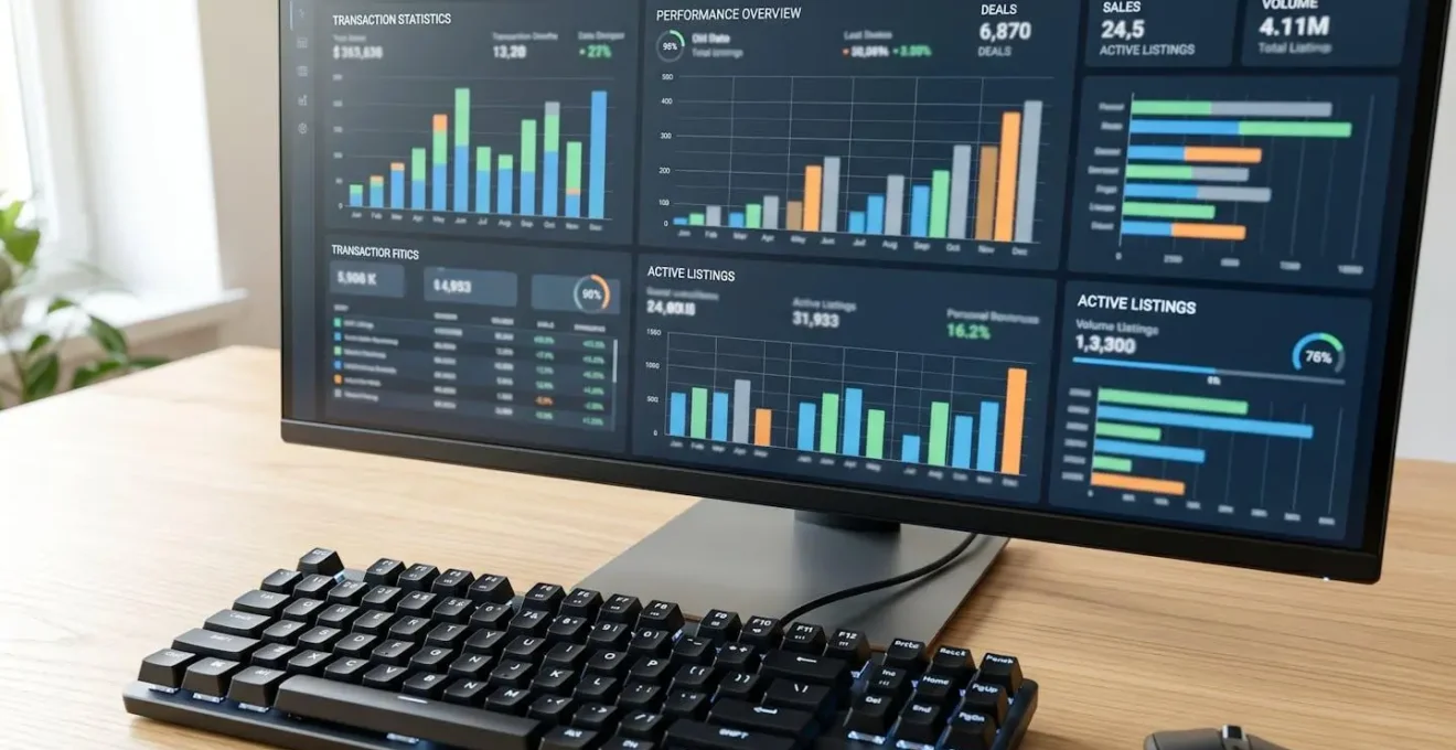 Nahaufnahme eines Computerbildschirms mit Balkendiagrammen und Immobilienstatistiken, Tastatur im unscharfen Vordergrund