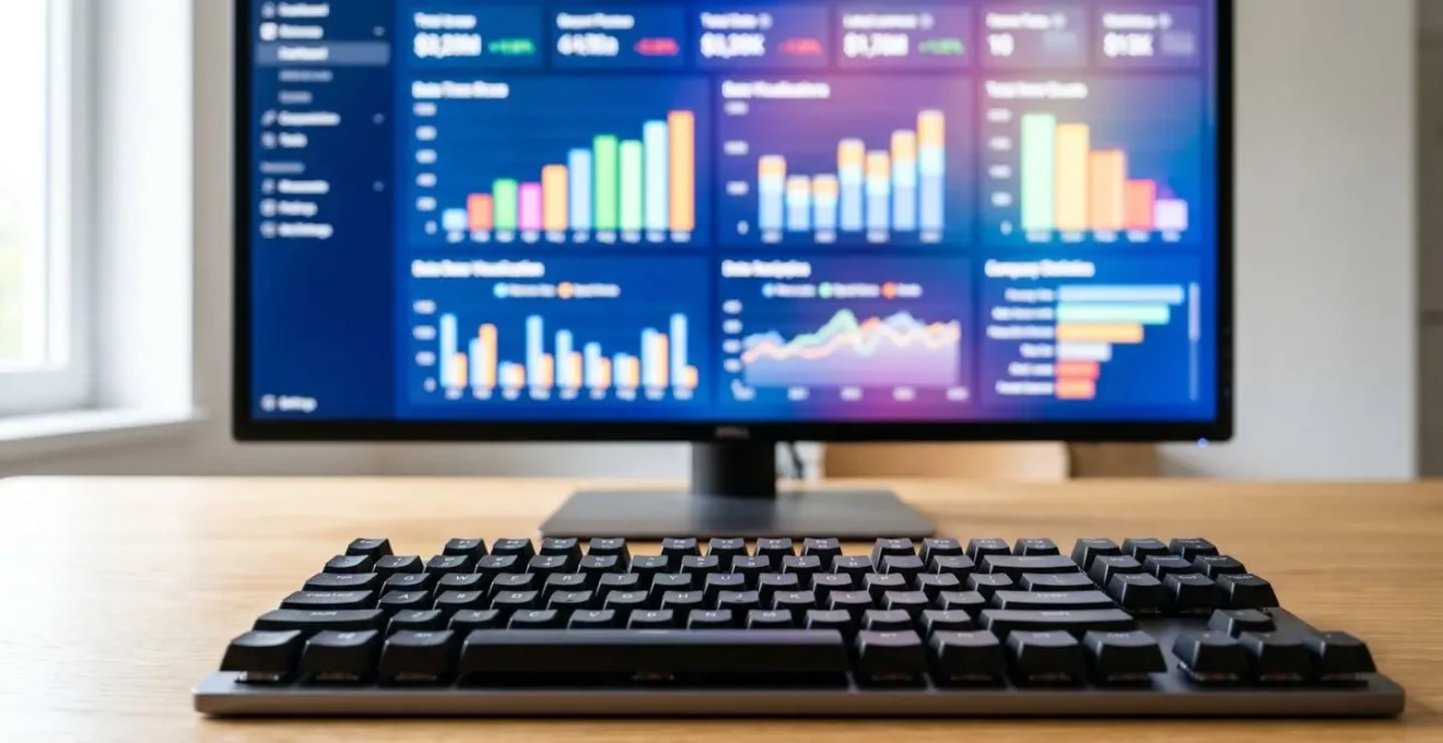 Nahaufnahme eines Computerbildschirms mit Balkendiagrammen und Immobilienstatistiken, Tastatur im unscharfen Vordergrund