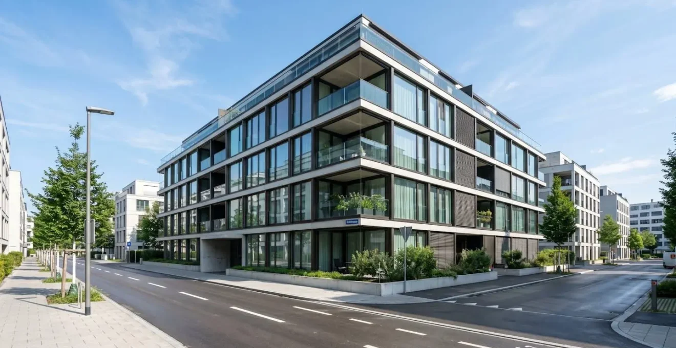 Zeitgenössisches Wohngebäude in Zürich mit Glasfassade und klaren Linien, leere Strassenansicht bei Tageslicht