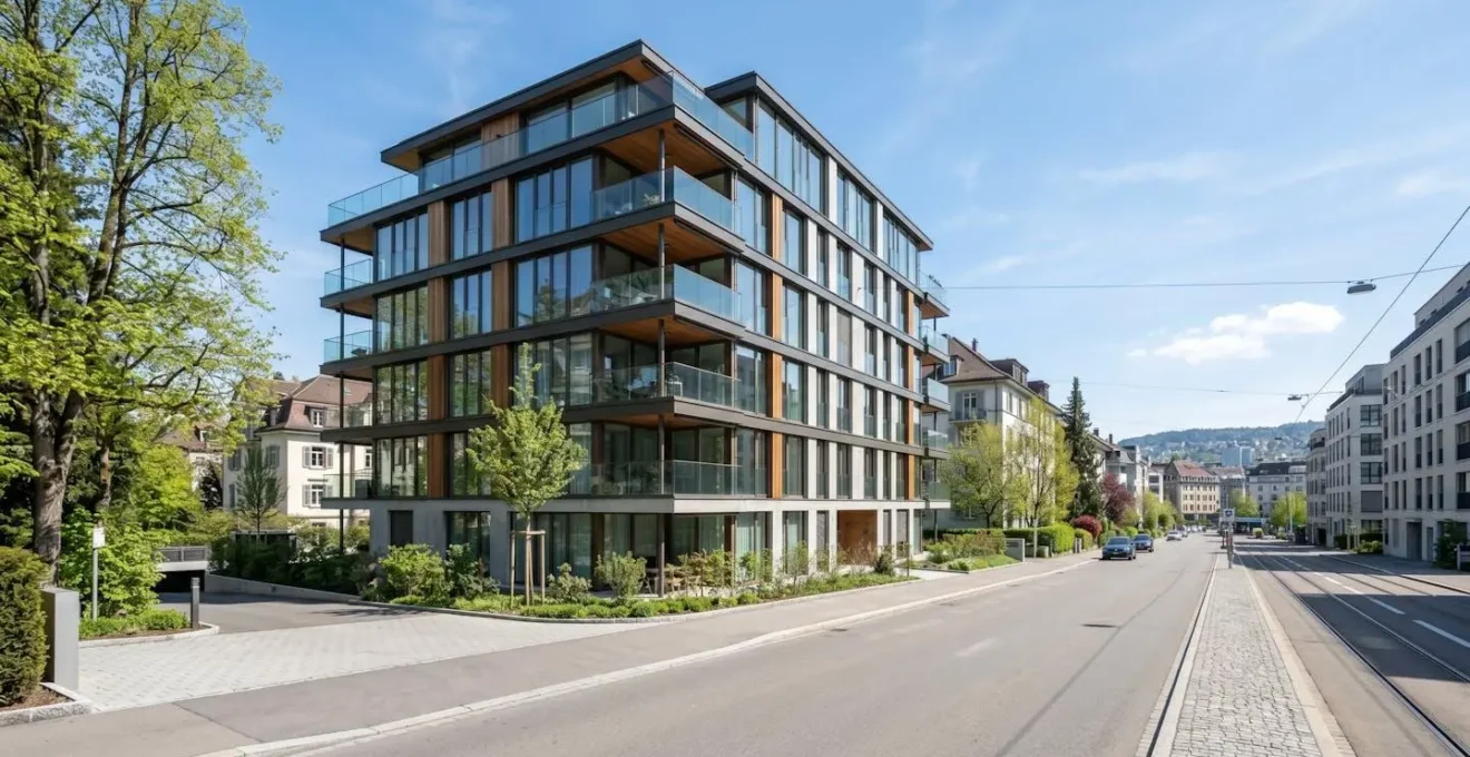 Zeitgenössisches Wohngebäude in Zürich mit Glasfassade und klaren Linien, leere Strassenansicht bei Tageslicht