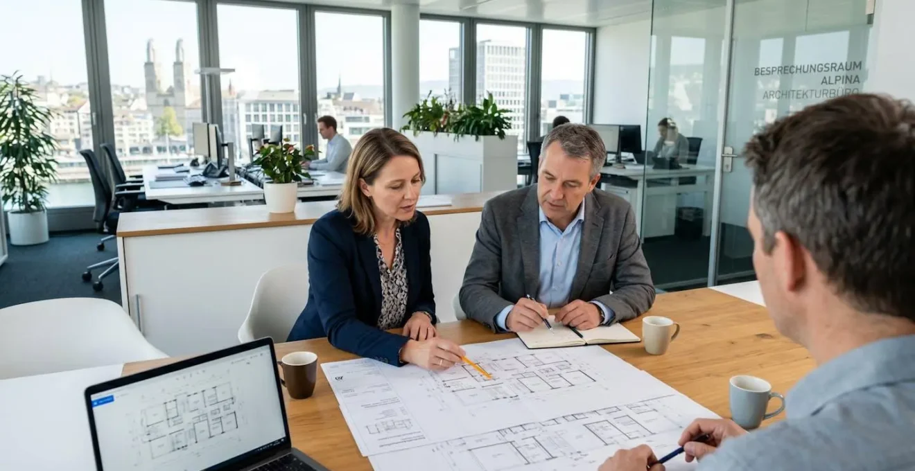 Zwei Personen in Business-Kleidung besprechen Immobilienpläne an einem modernen Bürotisch mit natürlichem Licht