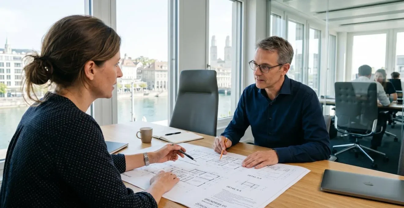 Zwei Personen in Business-Kleidung besprechen Immobilienpläne an einem modernen Bürotisch mit natürlichem Licht