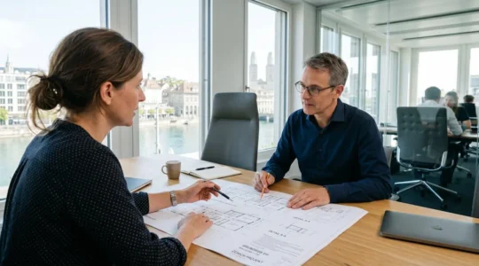 Zwei Personen in Business-Kleidung besprechen Immobilienpläne an einem modernen Bürotisch mit natürlichem Licht