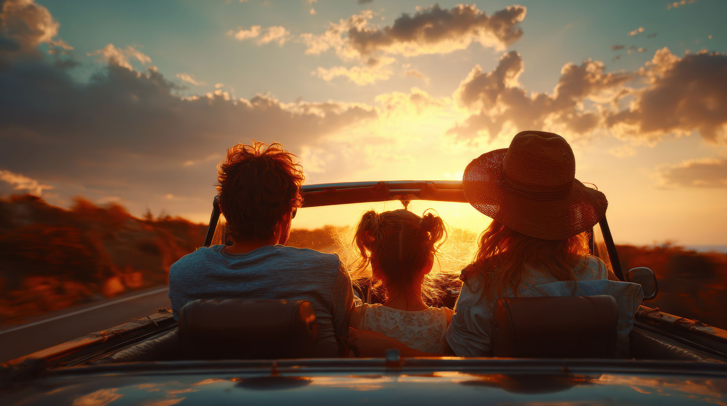Rückansicht einer Familie im Auto auf französischer Autobahn, Mittelmeerregion, natürliches Licht durch Fenster, authentischer Reisemoment